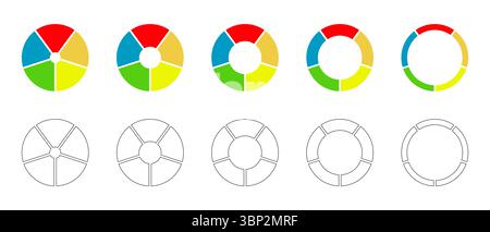 Diagrammi di ciambelle, torte segmentate su 5 parti uguali. Grafico della sezione circolare. Infografica diagrammi raccolta multicolore. Ruota divisa in cinque sezioni. Torta Illustrazione Vettoriale