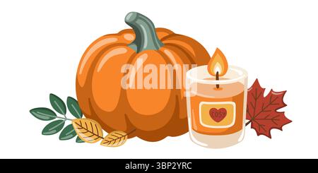 Zucca all'arancia, candela calda e foglie autunnali. Ora dell'autunno. Design autunnale. Hugge. Illustrazione vettoriale cartoni animati Illustrazione Vettoriale