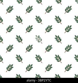 Motivo autunnale senza cuciture con ramoscelli verdi a foglia su sfondo bianco. Sfondo vettoriale cartoni animati. Illustrazione Vettoriale