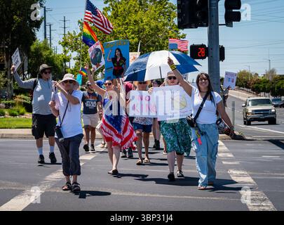 Un gruppo di attivisti con bandiere, cartelli e abiti patriottici attraversa la strada durante una protesta dell'Independence Day vicino al Westfield Galleria Mall. Foto Stock