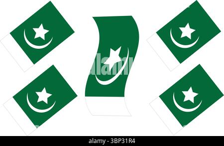 Quattro bandiere pakistane piegate disposte in diagonale per la progettazione grafica patriottica Illustrazione Vettoriale
