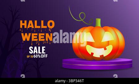 Design del modello di banner promozionale per gli sconti di Halloween. Sito Web di poster di design per le festività. Illustrazione vettoriale. Illustrazione Vettoriale