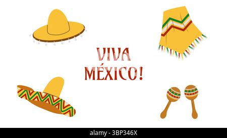 Giorno dell'indipendenza messicana Viva Mexico Fiesta 16th. Modello di progettazione sfondo banner scheda poster. Illustrazione vettoriale Illustrazione Vettoriale