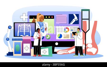 Team di radiologi. Uomo e donna in uniforme medica vicino al piede xray. Roentgen della gamba. Diagnosi e trattamento. Anatomia e biologia. Medico Illustrazione Vettoriale