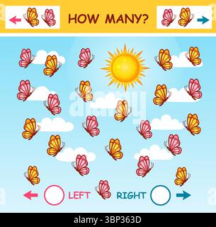 Quanti insetti a farfalla volano a sinistra, a destra matematica istruzione bambini puzzle gioco. La matematica conta le falene numeriche. Foglio di lavoro sulla logica di apprendimento dei bambini Illustrazione Vettoriale