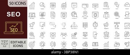 Icone delle linee modificabili SEO impostate per Search Optimization (Ottimizzazione della ricerca), Web Ranking (classifica Web) e Digital Marketing Strategy (strategia di marketing digitale) Illustrazione Vettoriale