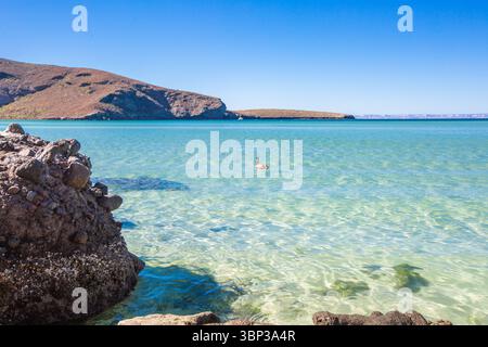 Le acque cristalline e poco profonde scivolano dolcemente sulla costa sabbiosa e rocciosa di Balandra Beach a la Paz, Baja California Sur. Famosa per la sua transluce Foto Stock
