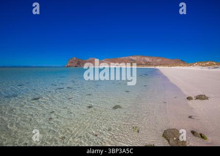 Le acque cristalline e poco profonde scivolano dolcemente sulla costa sabbiosa e rocciosa di Balandra Beach a la Paz, Baja California Sur. Famosa per la sua transluce Foto Stock