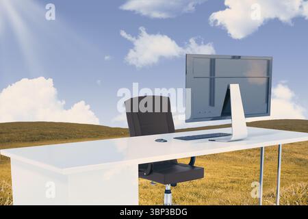 Design piatto con scrivania bianca con sedia girevole, monitor sottile, tastiera e mouse in un campo dorato Foto Stock