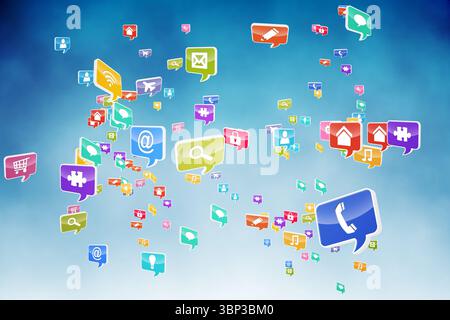Le icone colorate di telefono, e-mail e carrello della spesa fluttuano nello spazio 3D su gradazioni blu-bianco Foto Stock