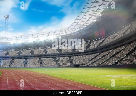 La pista da corsa curva rossa conduce al campo erboso sotto i riflettori in uno stadio dal design piatto Foto Stock