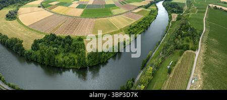 Zona agricola nel Neckarbogen vicino a Lauffen am Neckar. Campi di cereali in diverse tonalità di verde. Curva Neckar vicino a Lauffen am Neckar, Baden-Wue Foto Stock