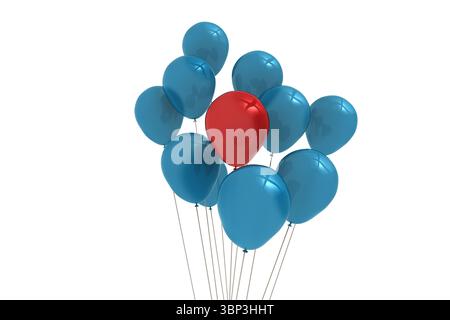 I palloncini in lattice lucido fluttuano nella scena di uno studio di design piatto, evidenziando il palloncino rosso centrale Foto Stock