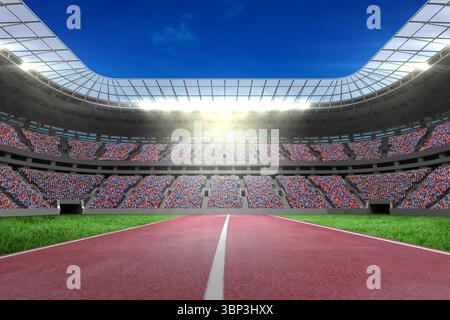 Il design piatto mostra la pista da corsa rossa con divisore di corsia bianco che conduce allo stadio moderno Foto Stock