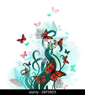 Astrazione con fiori e farfalle. disegnato a mano. Non ai, illustrazione vettoriale Illustrazione Vettoriale