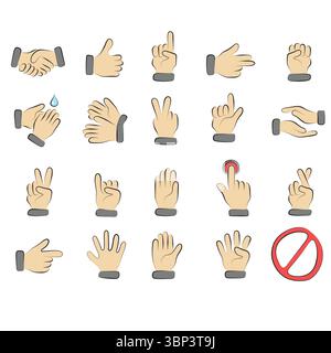 Set di figure a mani umane vettoriale disegnato a mano con linee nere isolate su sfondo bianco. Illustrazione Vettoriale