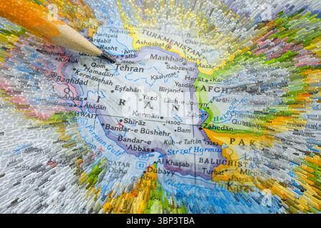 Teheran, Iran sulla mappa. Matita che indica la città o lo stato Foto Stock