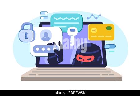 Hacking informatico, vulnerabilità e furto di dati sicuri. L'hacker ruba nomi utente e password da Internet Illustrazione Vettoriale