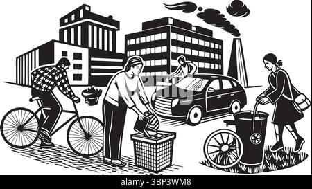 Stile di vita di Green City: Vita urbana ecologica con riciclo, bicicletta e sostenibilità Illustrazione Vettoriale