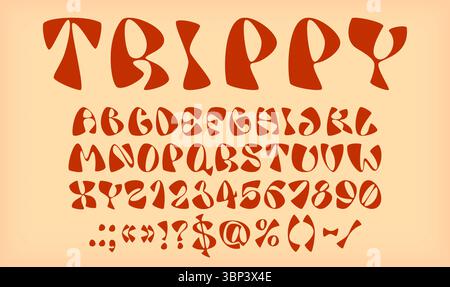 Lettere font Trippy, stile vintage Groovy, carattere psichedelico retrò, alfabeto abc anni '60 70. Tipo vettoriale hippy funky caratteri inglesi abc tipografia Illustrazione Vettoriale