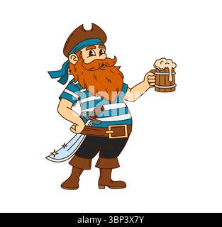 Cartoni animati corsaro o pirata con pinta di birra e spada a sciabola, personaggio vettoriale. Pirata o nuotatore brulicante con cappello da capitano, vela caraibica Illustrazione Vettoriale