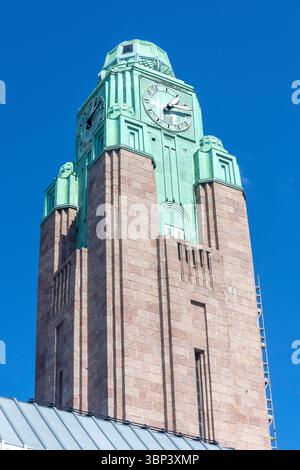 Torre della stazione centrale di Helsinki (Helsingin päärautatieasema), Rautatientori, Kluuvi, città di Helsinki, regione di Uusimaa (Nyland), Repubblica di Finlandia Foto Stock