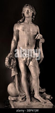 Apollon ou le Beaux Arts- Apollo or the fine Arts 1779 di Louis Philippe Mouchy, Louvre France French, Louvre, Parigi, Francia, (scultore francese. Louis-Philippe Mouchy. Nato (1734-03-31) nella mitologia greca, Apollo è un importante dio olimpico noto per i suoi diversi domini. Egli è il dio della musica, della guarigione, della luce, della profezia, ed è anche associato al sole. È anche considerato uno degli dei più belli e incarnazione della gioventù ideale. Foto Stock