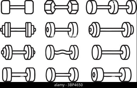 Collezione di silhouette Dumbbell in vari stili e forme di attrezzature da palestra Illustrazione Vettoriale