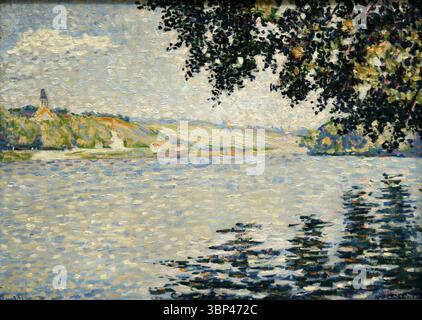 Vista della Senna a Herblay di Paul Signac (1863-1935). Paul Signac (1863?1935) è stato un pittore neoimpressionista francese che, insieme a Georges Seurat, sviluppò la tecnica del Pointillismo. "Vista della Senna a Herblay", dipinto nel 1889, è un ottimo esempio di questo stile, dove piccoli punti distinti di colore puro vengono applicati nei motivi per formare un'immagine, facendo affidamento sull'occhio dello spettatore per fondere otticamente i colori. Signac spesso raffigurava paesaggi e paesaggi marini, in particolare lungo la Senna e la costa francese, esplorando gli effetti della luce e dell'atmosfera attraverso il suo approccio sistematico al colou Foto Stock