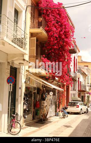 Una fotografia di una strada coperta di bouganville a Nauplio o Nauplio, una città costiera situata nel Peloponneso in Grecia. È la capitale dell'unità regionale dell'Argolide e un'importante destinazione turistica. Fondata nell'antichità, la città divenne un importante porto marittimo nel Medioevo durante la Frankokratia come parte della signoria di Argo e Nauplia, inizialmente detenuta dai de la Roche dopo la quarta crociata prima di passare sotto la Repubblica di Venezia e, infine, l'Impero ottomano. La città fu la seconda capitale della prima Repubblica ellenica e del Regno di Grecia, dal 1827 Foto Stock