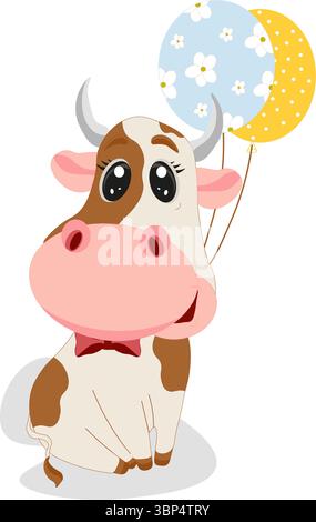 Carino Cartoon Bull con arco rosso e palloncini. Cartoni animati carino cucciola seduta su sfondo bianco Illustrazione Vettoriale