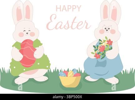 Due simpatici coniglietti che celebrano la pasqua, con un uovo decorato e un bouquet di fiori primaverili, con un cestino pieno di uova colorate. Illustrazione Vettoriale