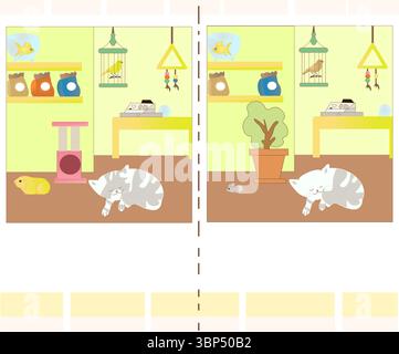 Cartoon Illustration of Finding Seven Differences between Pictures Educational Activity Game for Kids with Animal Illustrazione Vettoriale