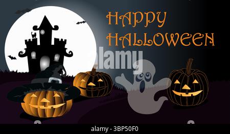 Sfondo notte di Halloween con zucca, casa infestata e luna piena. Illustrazione Vettoriale