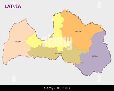 Mappa della Lettonia che mostra le sue regioni e le sue divisioni amministrative Illustrazione Vettoriale