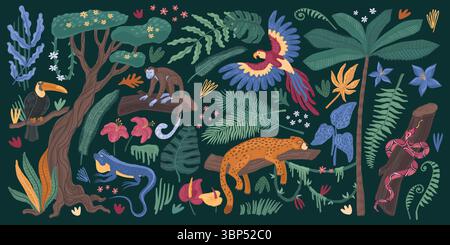 Animali della giungla. Uccello tropico toucan, simpatico pappagallo naturale, zoo safari. Scimmia, serpente e jaguar. Stile esotico di palme e sfondo liana. Arte della foresta pluviale. Illustrazione isolata in stile cartoni animati vettoriali Illustrazione Vettoriale