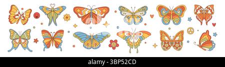 Farfalla scanalata. Grazioso adesivo floreale retrò, stampa vintage di doodle psichedelica. boho art anni '70, set di divertimento trippy. Esotica bellezza tropicale insetti in stile bohémien. Illustrazione isolata piatta del cartone animato vettoriale Illustrazione Vettoriale