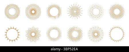 I raggi del sole. Linea circolare raggio di sole dorato, luce solare astratta radiale o raffica artistica. Luce del sole, luce del sole. Disegno vintage rotondo. Incorniciare elementi decorativi e delineare elementi grafici isolati. Icone vettoriali Illustrazione Vettoriale
