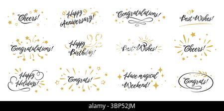 Celebra le icone. Intestazione con lettera di testo. Complimenti per la calligrafia di compleanno. Etichetta della festa con la parola tipografica. Tipo di frase ammirazione. Caratteri complimenti e desideri. Set di elementi di design vettoriali per le festività Illustrazione Vettoriale