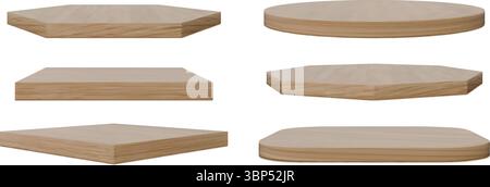 Set podio in legno. Piedistallo vuoto minimalista realistico, forme diverse. Tavolino quadrato rotondo 3D per la presentazione di prodotti ecologici naturali. Vetrina del punto vendita per la pubblicità. Illustrazione isolata vettoriale Illustrazione Vettoriale