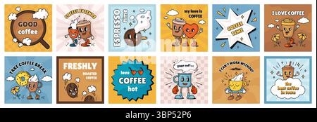 Adesivi per il caffè. Poster dei cartoni animati retrò, carino post sui social media o negozio di mascotte per un menu artistico, modello quadrato. Etichetta Smile 70s, 90s. Mascotte per bevande. Illustrazione dei personaggi dei fumetti vettoriali Illustrazione Vettoriale