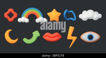 Elementi 3D Kid. Profili Y2K. Occhio e arcobaleno. Nuvola di plastica Puffy. Stile carino per bambini. Doodle figure lucide. Mezzaluna e fulmini. Labbra in bocca. Stella minimalista. Set di rendering liquido. Icone dei cartoni animati vettoriali Illustrazione Vettoriale