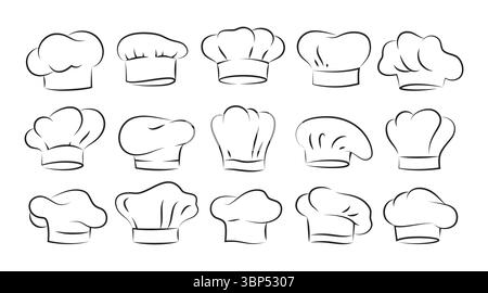 Icone dei cappelli da chef. Logo Cook, cappellino da cucina casalingo per piatti da bistrot, cucina italiana o catering vegetariano. Costume da ristorante o caffetteria. Elemento isolato di linea semplice per la decorazione. Set isolato vettoriale Illustrazione Vettoriale