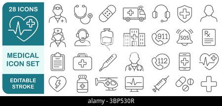Set di simboli di icone della linea di ictus modificabile per uso sanitario e medico. Collezione di icone medicali sottili. Pacchetto logo medico ospedaliero. Immagine di illustrazione vettoriale. Illustrazione Vettoriale