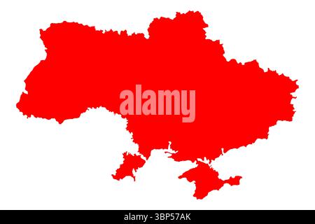 Ucraina. Silhouette rossa della mappa del paese Ucraina isolata su uno sfondo bianco. Illustrazione Vettoriale