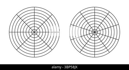 Modelli ruota di vita. Semplici strumenti di coaching per visualizzare tutte le aree della vita. Impostare le griglie polari. Raccolta carta per grafici polari vuota. Diagrammi circolari Illustrazione Vettoriale