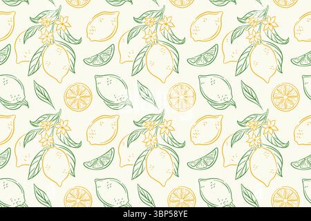 Motivo senza cuciture con limone intero e fetta, fiore con foglia verde su sfondo beige. Design in stile art-style con frutta dalla linea brillante agli agrumi per la cucina estiva Illustrazione Vettoriale