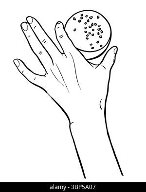 Cupcake con spolverini per la mano sinistra femminile. Illustrazione del vettore della linea di cottura nera con gesti delle mani Illustrazione Vettoriale