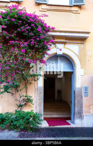 Esterno di una vecchia casa con porta d'ingresso ad arco e una grande e bella bouganville fiorita con fiori viola a Roma, Italia. Foto Stock