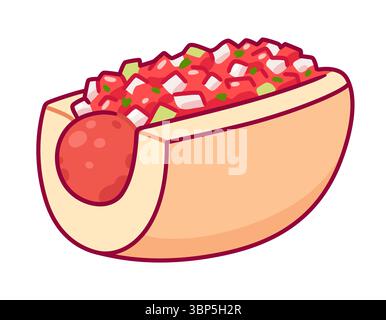 Choripan, panino cileno con salsiccia chorizo grigliata e salsa pebre. Disegno di cartoni animati, illustrazione vettoriale isolata. Illustrazione Vettoriale